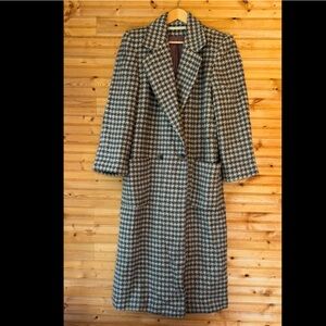 Perry Ellis Long Coat Houndstooth Cream Tan Grey Vintage Women’s Size 10